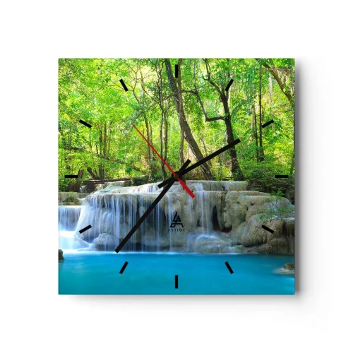 Reloj de pared - Reloj de vidrio - Una cascada entre árboles verdes con agua azul en un entorno natural. - 30x30cm - Ahogarse en turquesa y verde - Decoración de pared moderna para salón y dormitorio ARTTOR