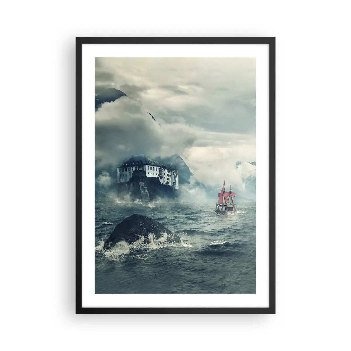 Póster en marco negro - Un barco en un mar tempestuoso cerca de un castillo en la niebla. - 50x70cm - En aguas mágicas - Decoración de pared moderna para salón y dormitorio ARTTOR