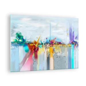 Cuadro sobre vidrio - Impresiones sobre Vidrio - Puente abstracto en colores vibrantes sobre un río con fondo pastel - 70x50cm - Un puente de alegría sobre el río de la vida - Decoración de pared moderna para salón y dormitorio ARTTOR