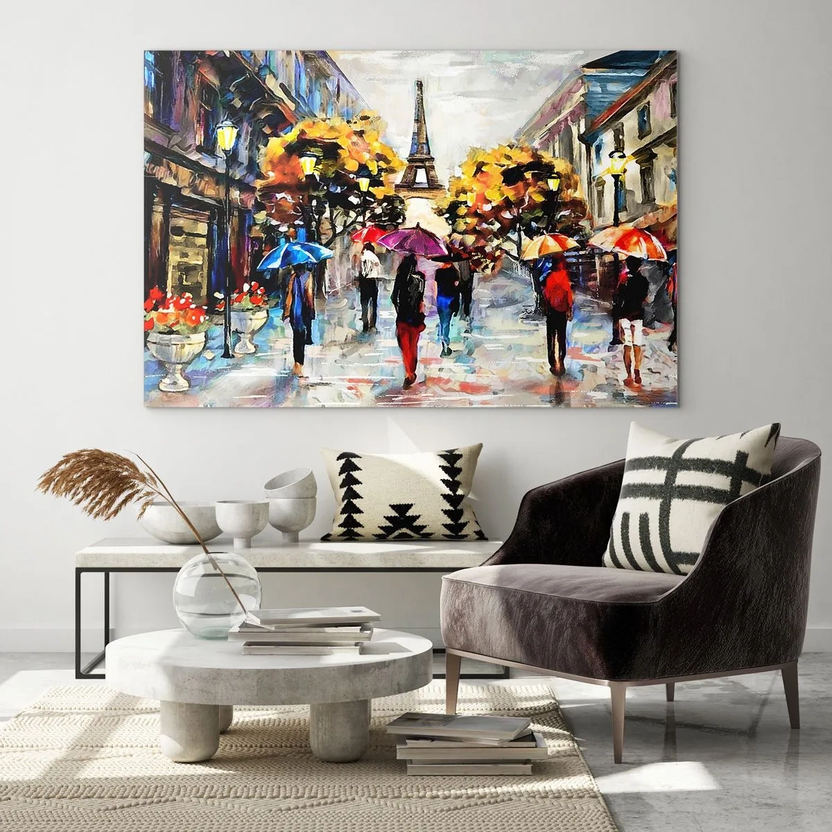 Cuadro sobre vidrio - Impresiones sobre Vidrio - La Torre Eiffel al fondo de gente paseando bajo paraguas de colores. - 70x50cm - Especialmente hermoso en otoño - Decoración de pared moderna para salón y dormitorio ARTTOR