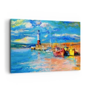 Cuadro sobre lienzo - Impresión de Imagen - Puerto pesquero con barcos y un faro en colores vivos - 120x80cm - Tarde en la bahía del arco iris - Decoración de pared moderna para salón y dormitorio ARTTOR