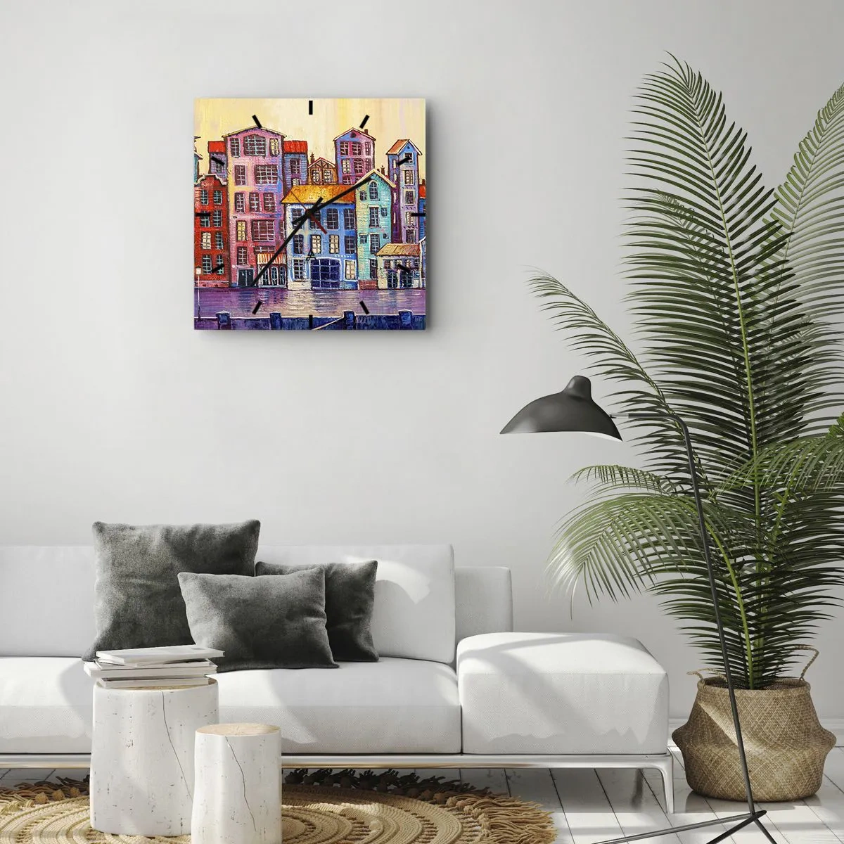 Reloj de pared - Reloj de vidrio - Casas de vecindad coloridas junto al agua en un estilo artístico - 30x30cm - Una ciudad como un cuento de hadas - Decoración de pared moderna para salón y dormitorio ARTTOR