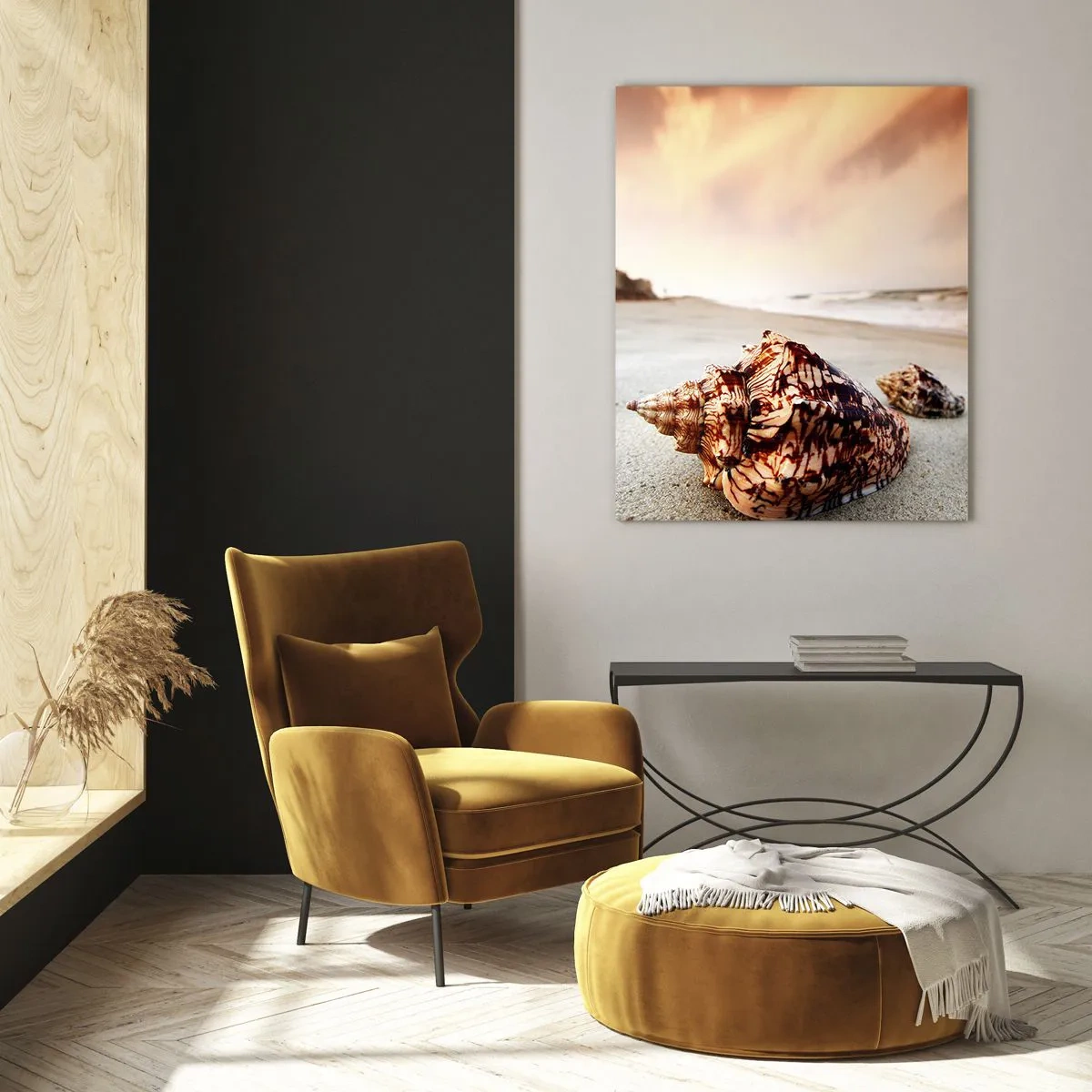 Cuadro sobre vidrio - Impresiones sobre Vidrio - Conchas en la playa al atardecer - 50x70cm - Los exiliados de las olas - Decoración de pared moderna para salón y dormitorio ARTTOR