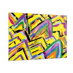 Cuadro sobre vidrio - Impresiones sobre Vidrio - Abstracción intensa en colores brillantes sobre un fondo amarillo. - 100x70cm - Grita de alegría - Decoración de pared moderna para salón y dormitorio ARTTOR
