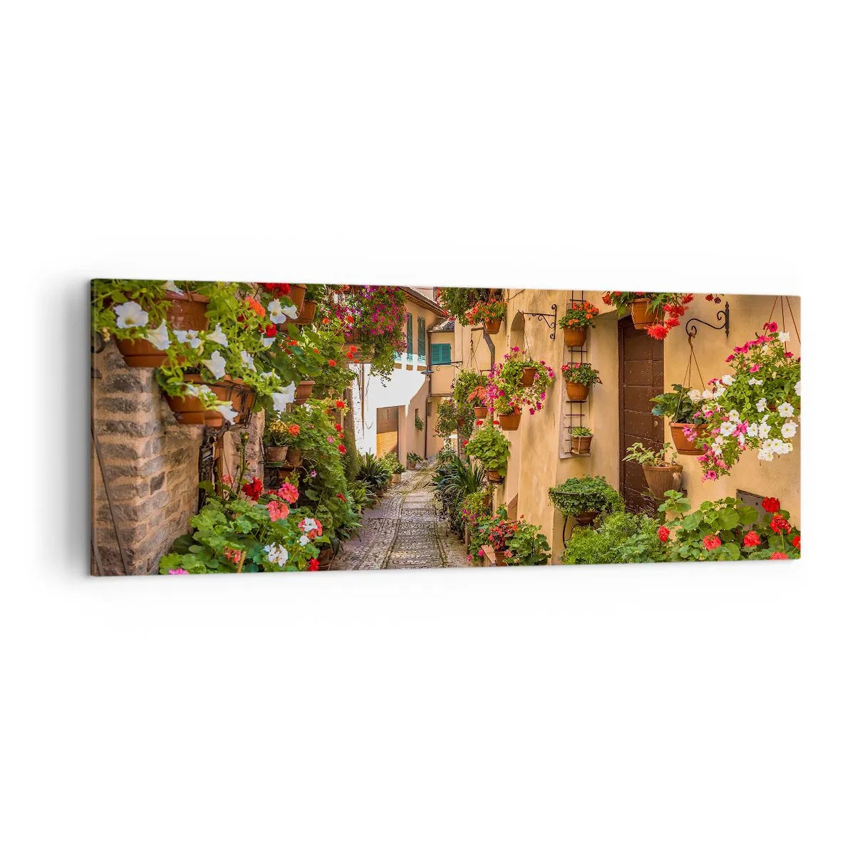 Cuadro sobre lienzo - Impresión de Imagen - Una calle encantadora llena de flores y macetas. - 140x50cm - Callejón italiano - Decoración de pared moderna para salón y dormitorio ARTTOR