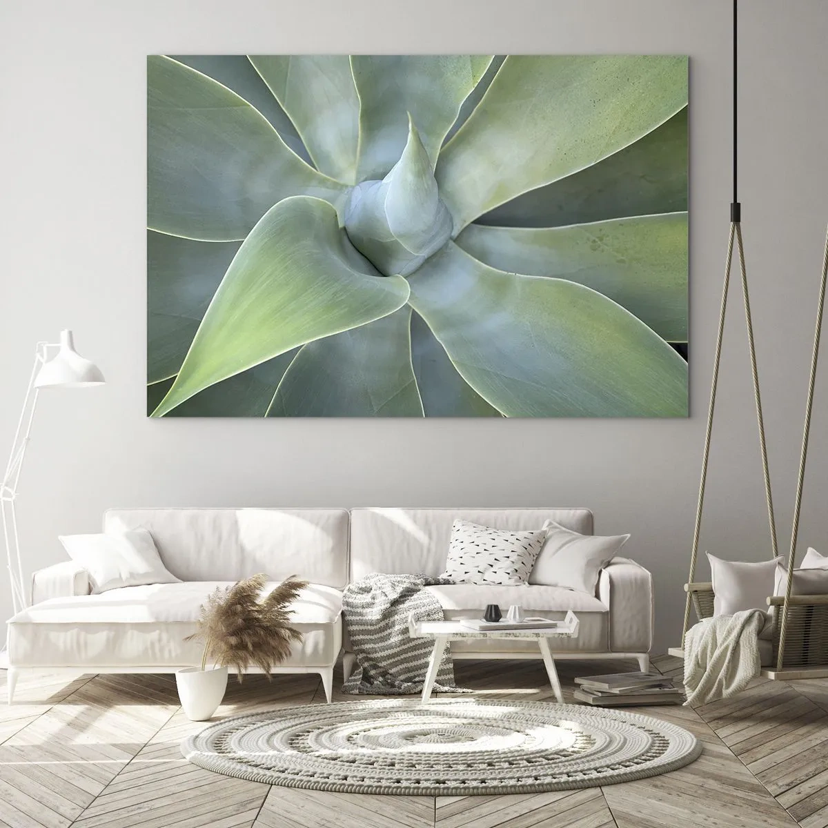 Cuadro sobre vidrio - Impresiones sobre Vidrio - Fotografía macro de una planta verde con hojas espirales. - 70x50cm - El nacimiento del verde - Decoración de pared moderna para salón y dormitorio ARTTOR