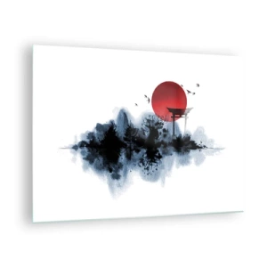 Cuadro sobre vidrio - Impresiones sobre Vidrio - Un paisaje minimalista con una puerta torii y un sol rojo. - 70x50cm - Visión japonesa - Decoración de pared moderna para salón y dormitorio ARTTOR