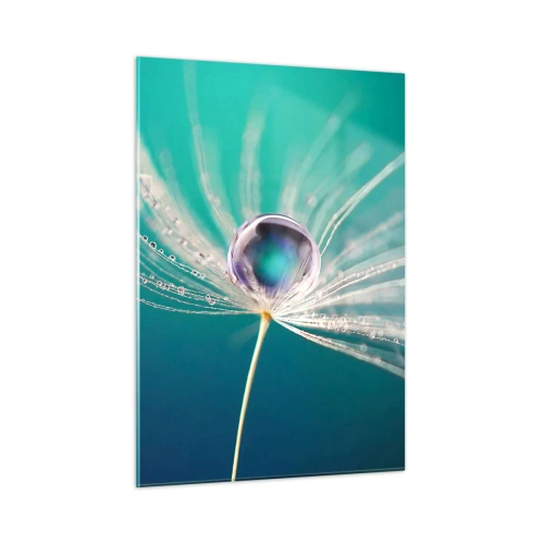 Cuadro sobre vidrio - Impresiones sobre Vidrio - Fotografía macro de una semilla de diente de león con una gota de rocío sobre un fondo turquesa. - 50x70cm - Momento místico - Decoración de pared moderna para salón y dormitorio ARTTOR