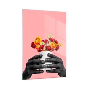 Cuadro sobre vidrio - Impresiones sobre Vidrio - Manos en blanco y negro sosteniendo un ramo de flores de colores. - 50x70cm - La apoteosis de la vida - Decoración de pared moderna para salón y dormitorio ARTTOR