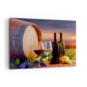 Cuadro sobre lienzo - Impresión de Imagen - Vino, copas y un barril en un paisaje pintoresco. - 100x70cm - Aquí la vida tiene un sabor - Decoración de pared moderna para salón y dormitorio ARTTOR