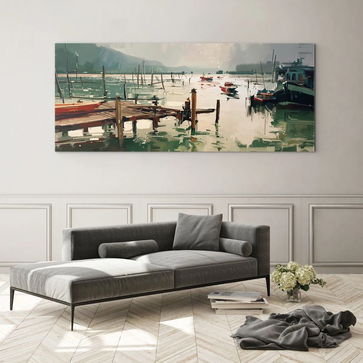 Cuadro sobre vidrio - Impresiones sobre Vidrio - Un puerto pintoresco con barcos en aguas tranquilas. - 120x50cm - Empapado en la luna fundida - Decoración de pared moderna para salón y dormitorio ARTTOR
