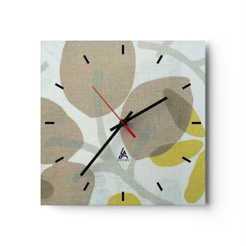 Reloj de pared - Reloj de vidrio - Hojas abstractas en tonos beige y amarillo. - 30x30cm - Composición a pleno sol - Decoración de pared moderna para salón y dormitorio ARTTOR