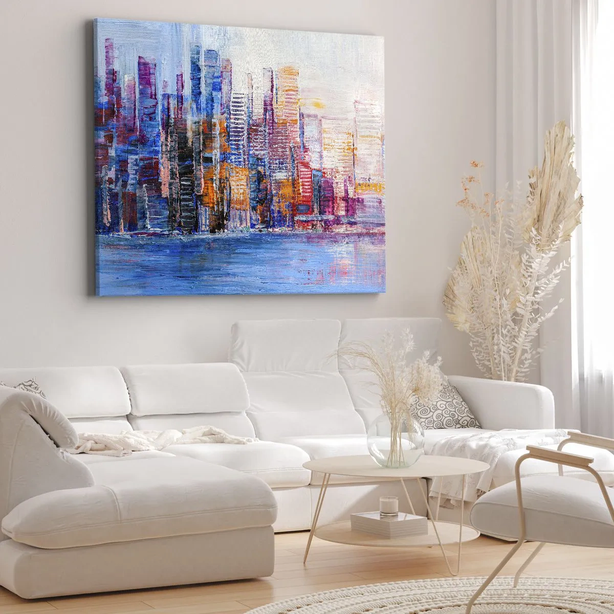 Cuadro sobre lienzo - Impresión de Imagen - Un panorama colorido de la ciudad con reflejos en el agua. - 70x50cm - Una metrópoli alegre - Decoración de pared moderna para salón y dormitorio ARTTOR