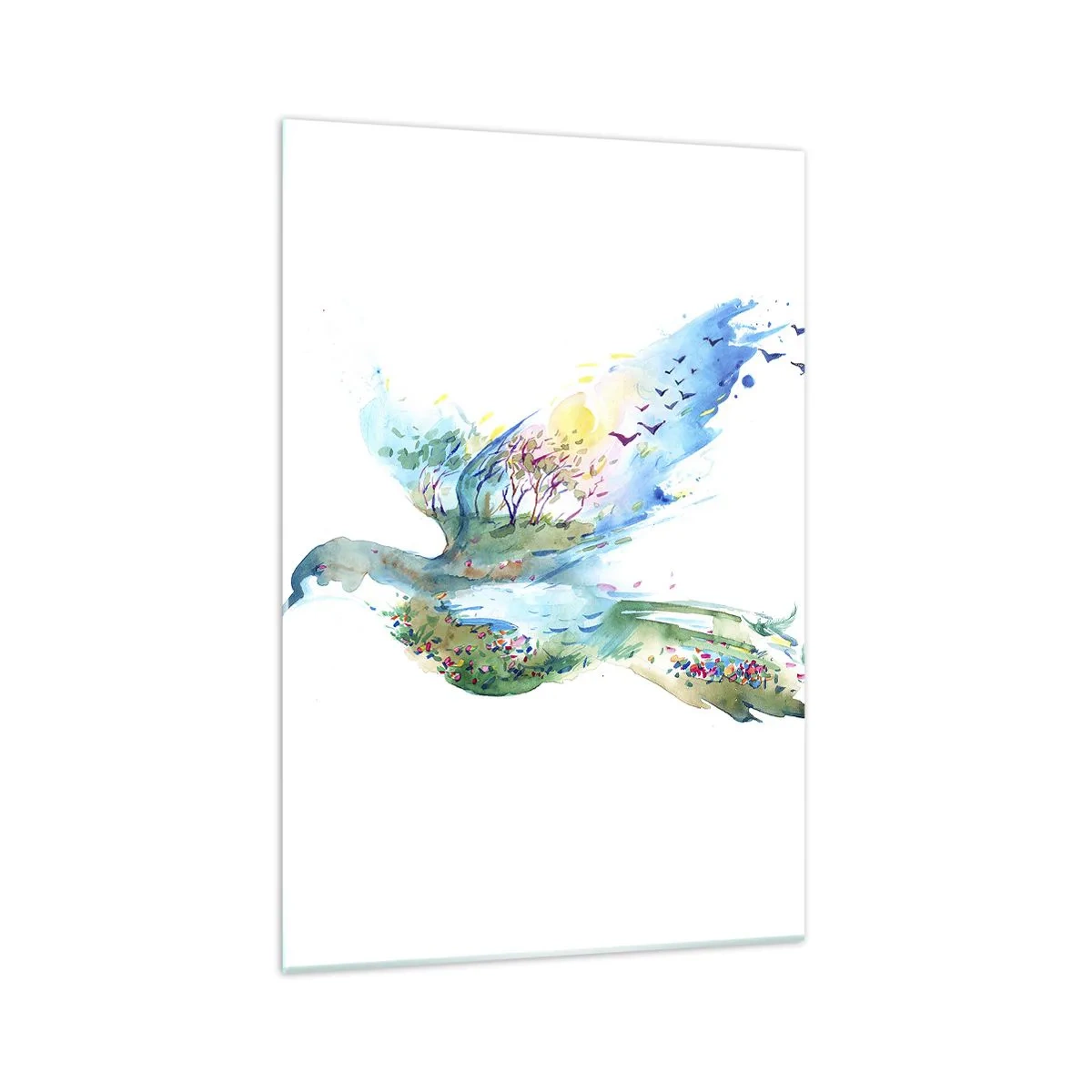 Cuadro sobre vidrio - Impresiones sobre Vidrio - Composición en acuarela de un pájaro con elementos de la naturaleza. - 70x100cm - En las alas de la naturaleza - Decoración de pared moderna para salón y dormitorio ARTTOR