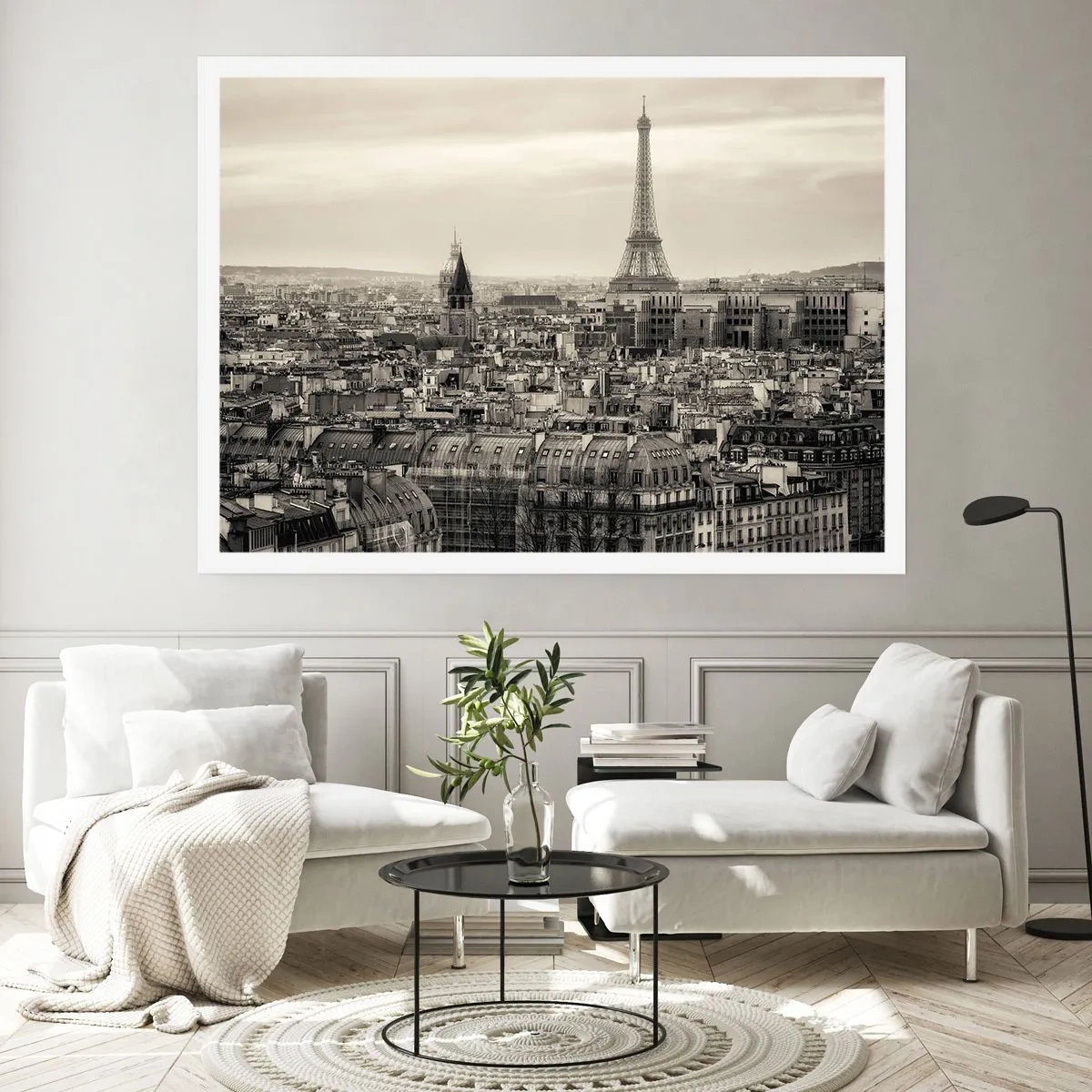Póster - Panorama de París con la Torre Eiffel en tonos sepia - 100x70cm - Sobre los tejados de París - Decoración de pared moderna para salón y dormitorio ARTTOR