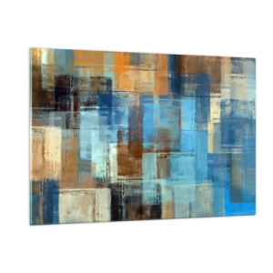 Cuadro sobre vidrio - Impresiones sobre Vidrio - Composición geométrica abstracta en tonos azules y marrones. - 120x80cm - A través del velo azul - Decoración de pared moderna para salón y dormitorio ARTTOR