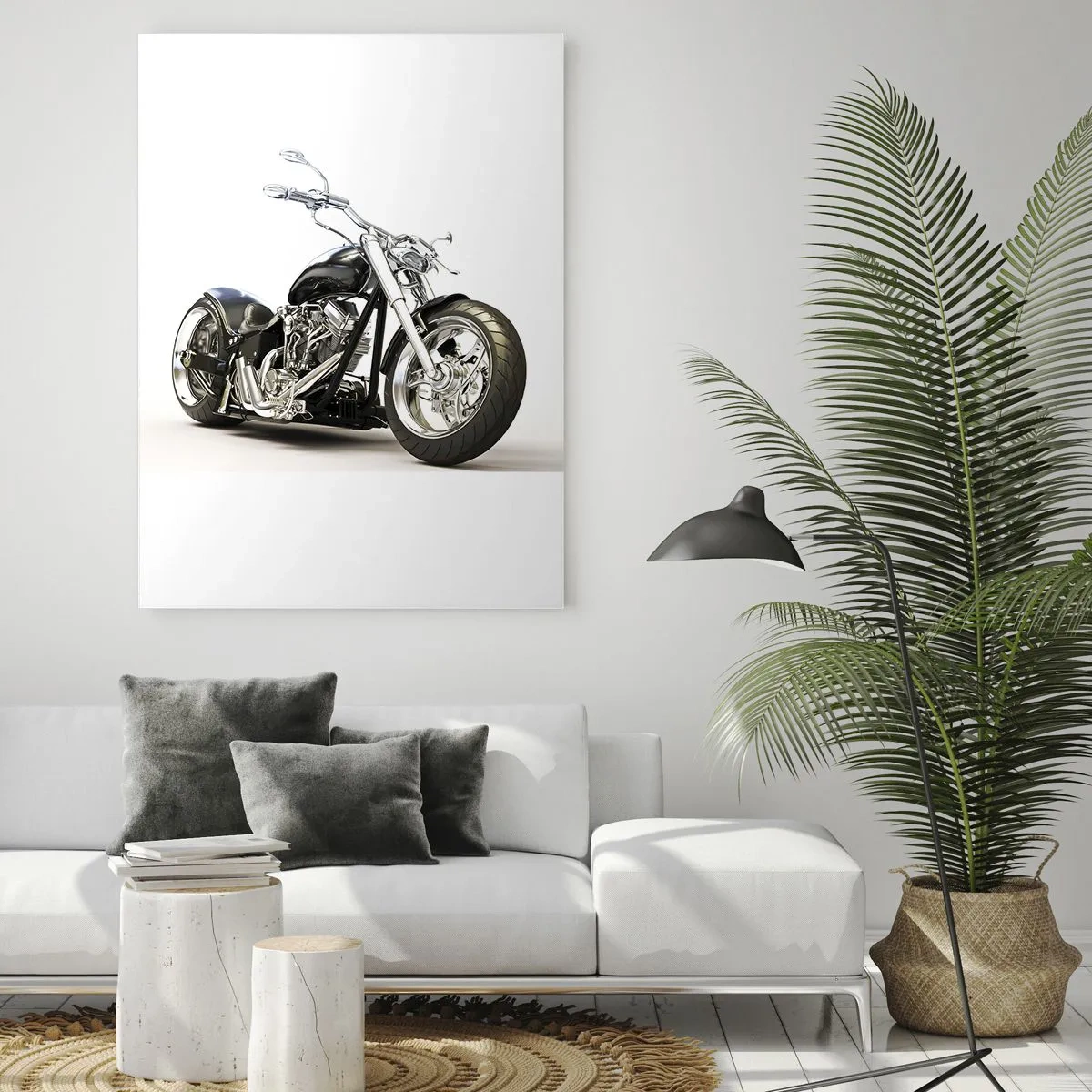 Cuadro sobre vidrio - Impresiones sobre Vidrio - Elegante motocicleta negra sobre fondo blanco. - 80x120cm - Una fuerza con carácter - Decoración de pared moderna para salón y dormitorio ARTTOR