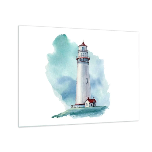 Cuadro sobre vidrio - Impresiones sobre Vidrio - Un faro contra un cielo azul de acuarela. - 70x50cm - Gentil hermana del azul - Decoración de pared moderna para salón y dormitorio ARTTOR