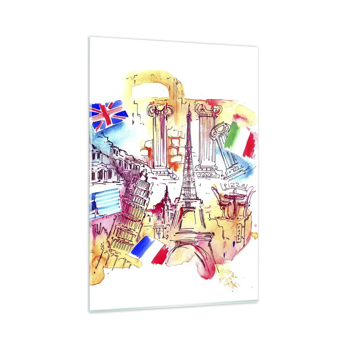 Cuadro sobre vidrio - Impresiones sobre Vidrio - Acuarela de símbolos europeos con banderas de países. - 80x120cm - Gira europea - Decoración de pared moderna para salón y dormitorio ARTTOR