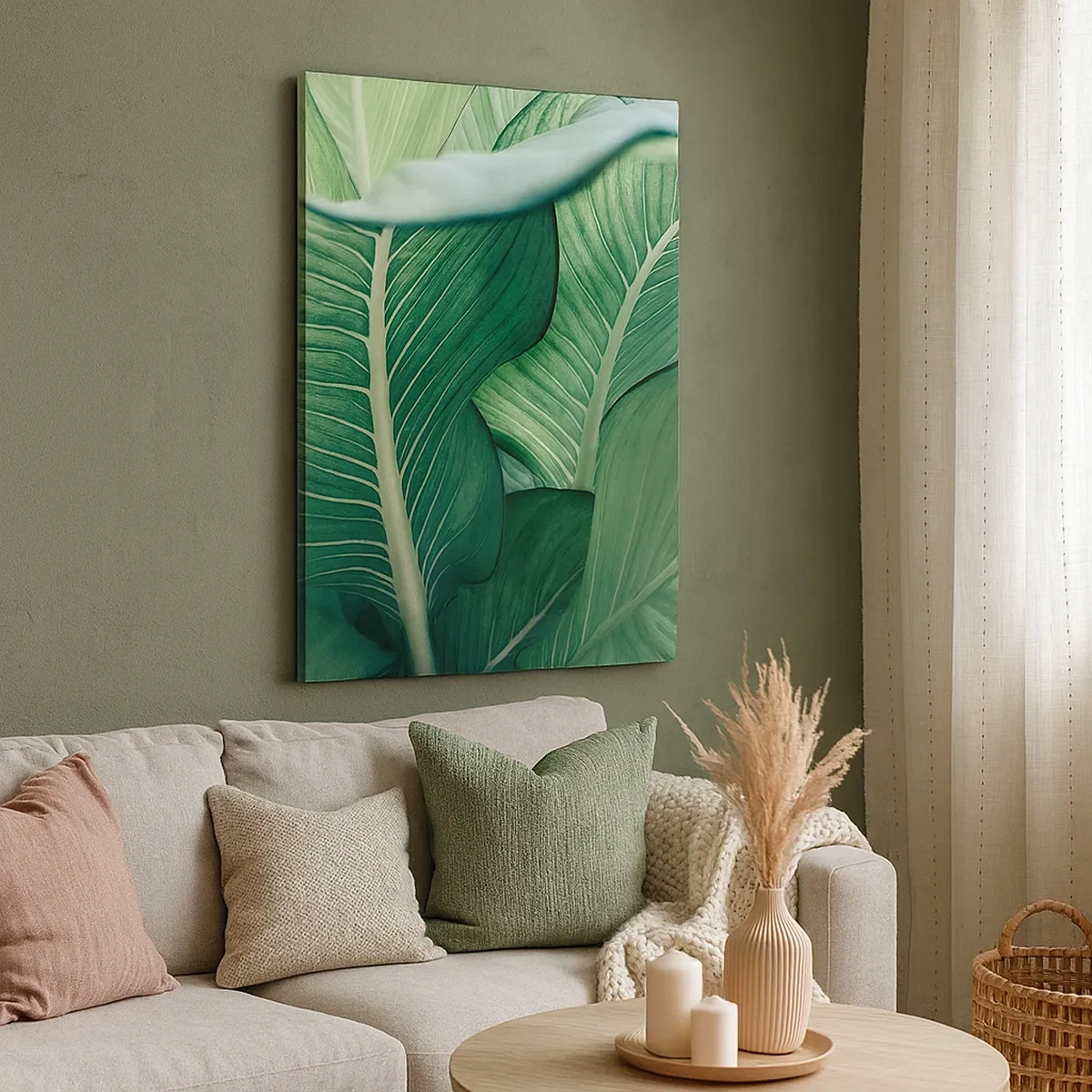 Cuadro sobre lienzo - Impresión de Imagen - Hojas verdes con detalles expresivos y estructura. - 50x70cm - Vida intensamente verde - Decoración de pared moderna para salón y dormitorio ARTTOR