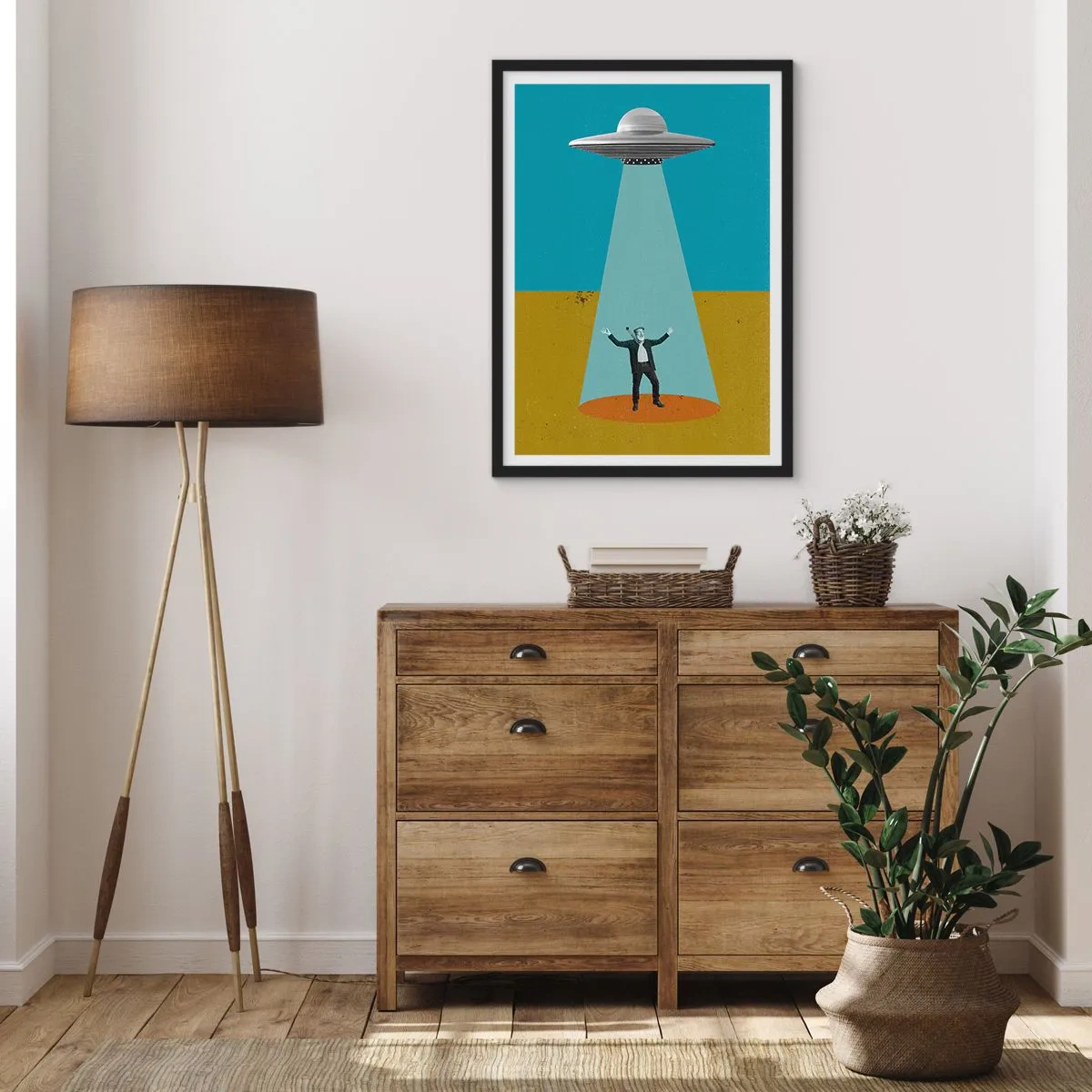 Póster en marco negro - Ilustración retro de una abducción ovni - 50x70cm - Un encuentro cercano - Decoración de pared moderna para salón y dormitorio ARTTOR