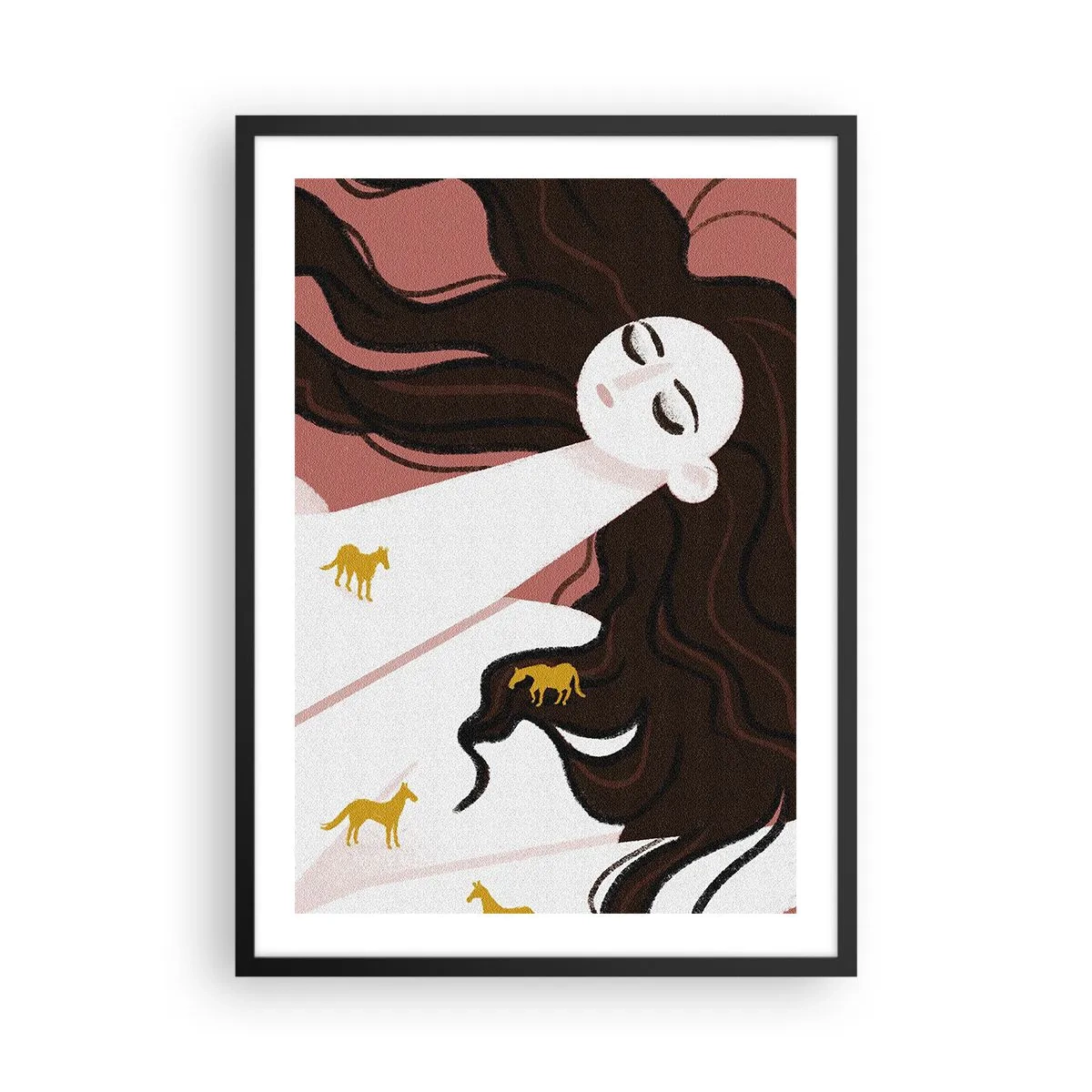Póster en marco negro - Una mujer de ensueño con cabello largo y caballos dorados. - 50x70cm - Sueño de caballos dorados - Decoración de pared moderna para salón y dormitorio ARTTOR
