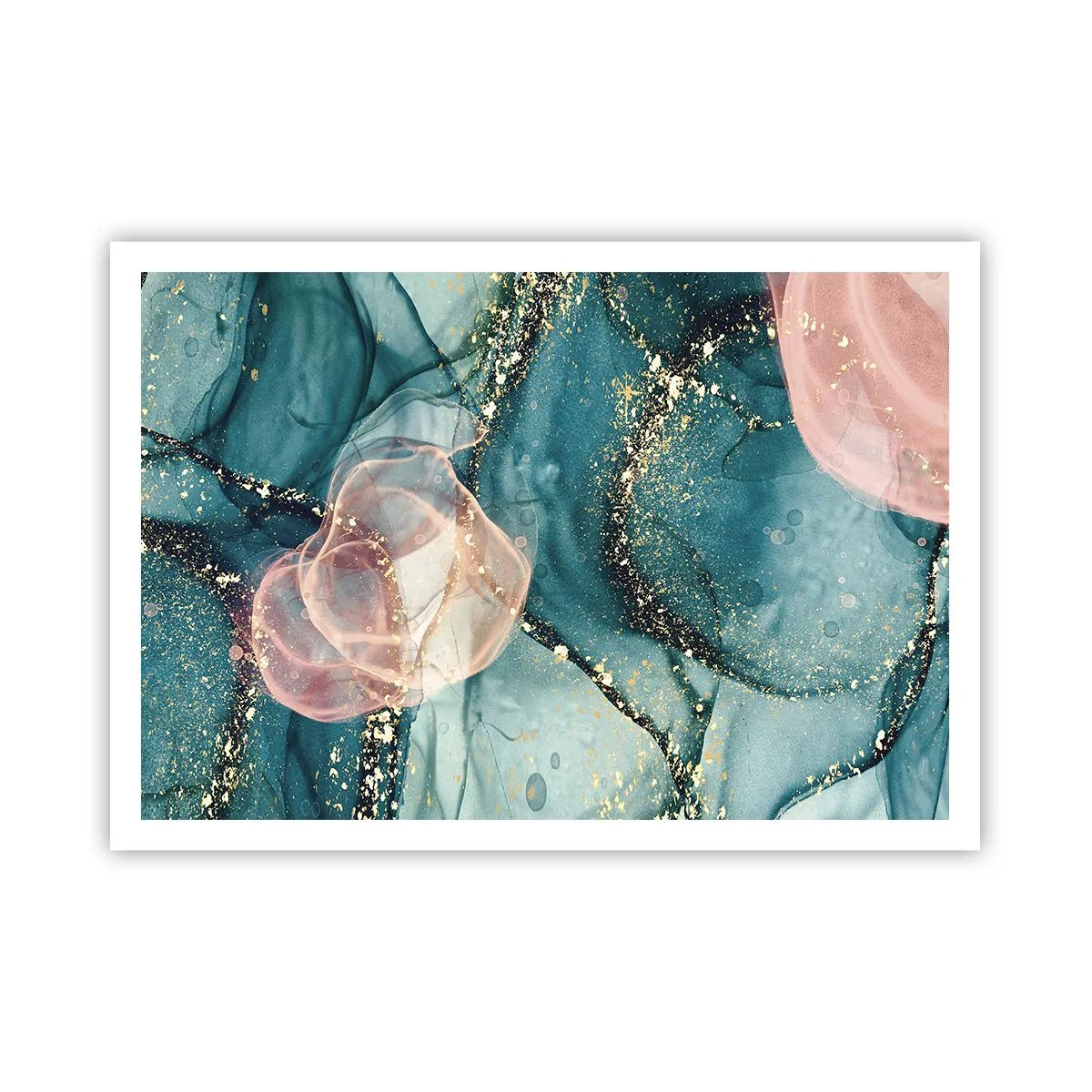 Póster - Una composición abstracta en tonos turquesa y dorado. - 100x70cm - Seda azul, tul rosa - Decoración de pared moderna para salón y dormitorio ARTTOR