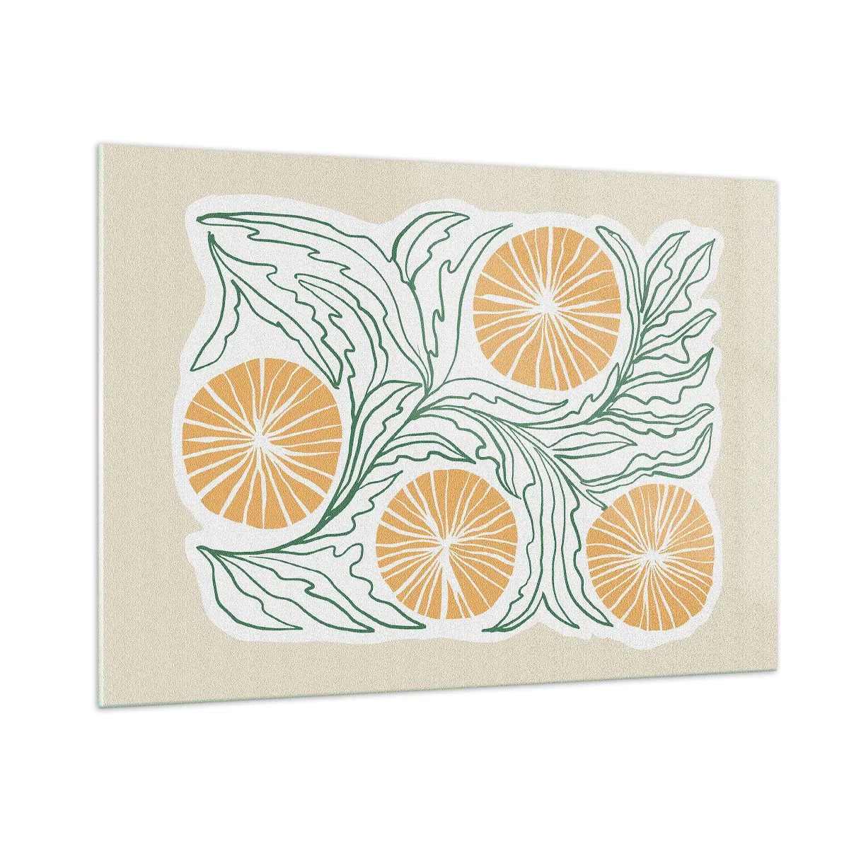 Cuadro sobre vidrio - Impresiones sobre Vidrio - Frutos anaranjados y hojas verdes en una composición gráfica. - 100x70cm - Étnico con un toque de abstracción - Decoración de pared moderna para salón y dormitorio ARTTOR
