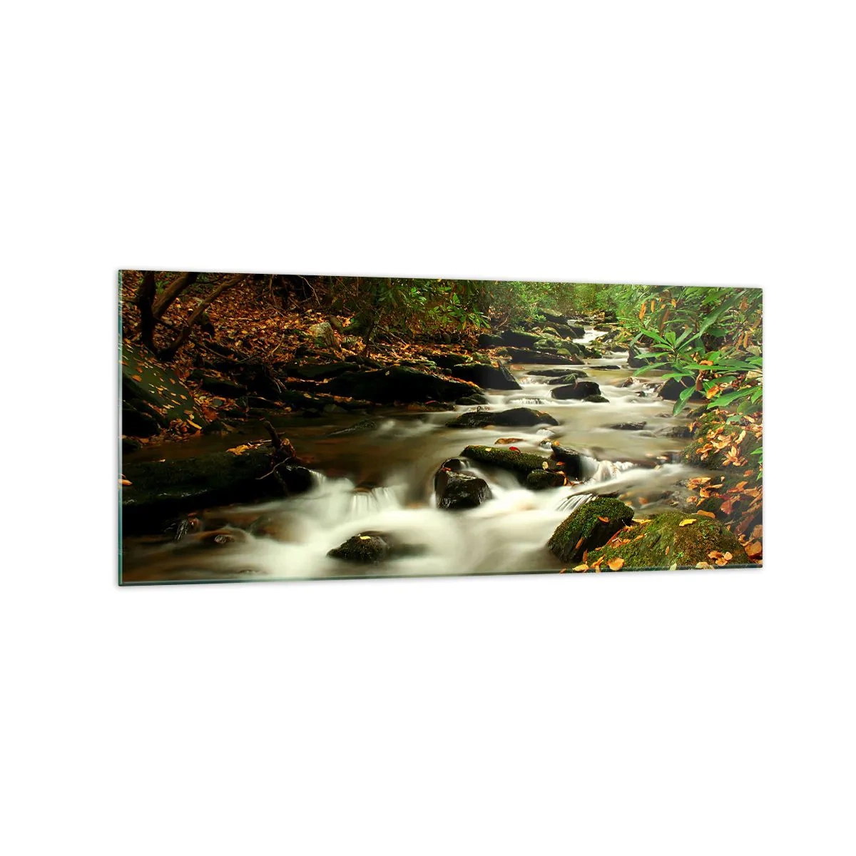 Cuadro sobre vidrio - Impresiones sobre Vidrio - Un arroyo forestal que fluye entre piedras rodeadas de vegetación. - 120x50cm - Como plata líquida - Decoración de pared moderna para salón y dormitorio ARTTOR