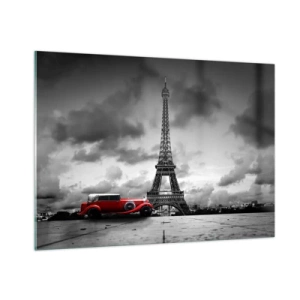 Cuadro sobre vidrio - Impresiones sobre Vidrio - Un coche retro rojo con la Torre Eiffel al fondo en un entorno en blanco y negro. - 100x70cm - No hace mucho tiempo, en París - Decoración de pared moderna para salón y dormitorio ARTTOR