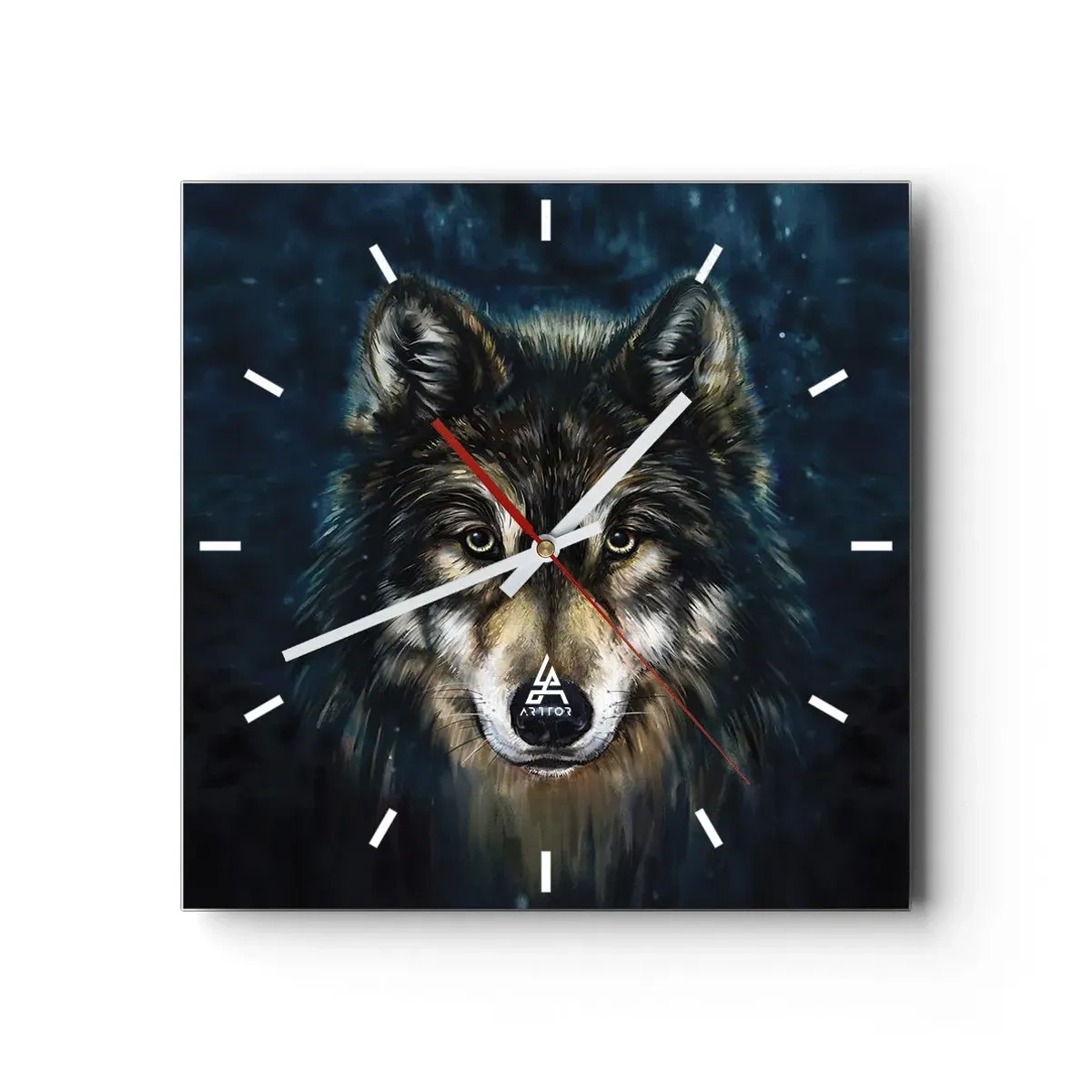 Reloj de pared - Reloj de vidrio - Retrato de un lobo sobre un fondo azul oscuro - 30x30cm - ¿Alfa? Y omega - Decoración de pared moderna para salón y dormitorio ARTTOR