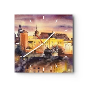 Reloj de pared - Reloj de vidrio - Una pintoresca pintura de acuarela de un castillo al atardecer. - 30x30cm - Una historia y un cuento - Decoración de pared moderna para salón y dormitorio ARTTOR