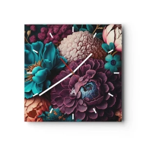 Reloj de pared - Reloj de vidrio - Un ramo de flores en colores intensos sobre un fondo oscuro. - 30x30cm - Naturaleza en abundancia - Decoración de pared moderna para salón y dormitorio ARTTOR