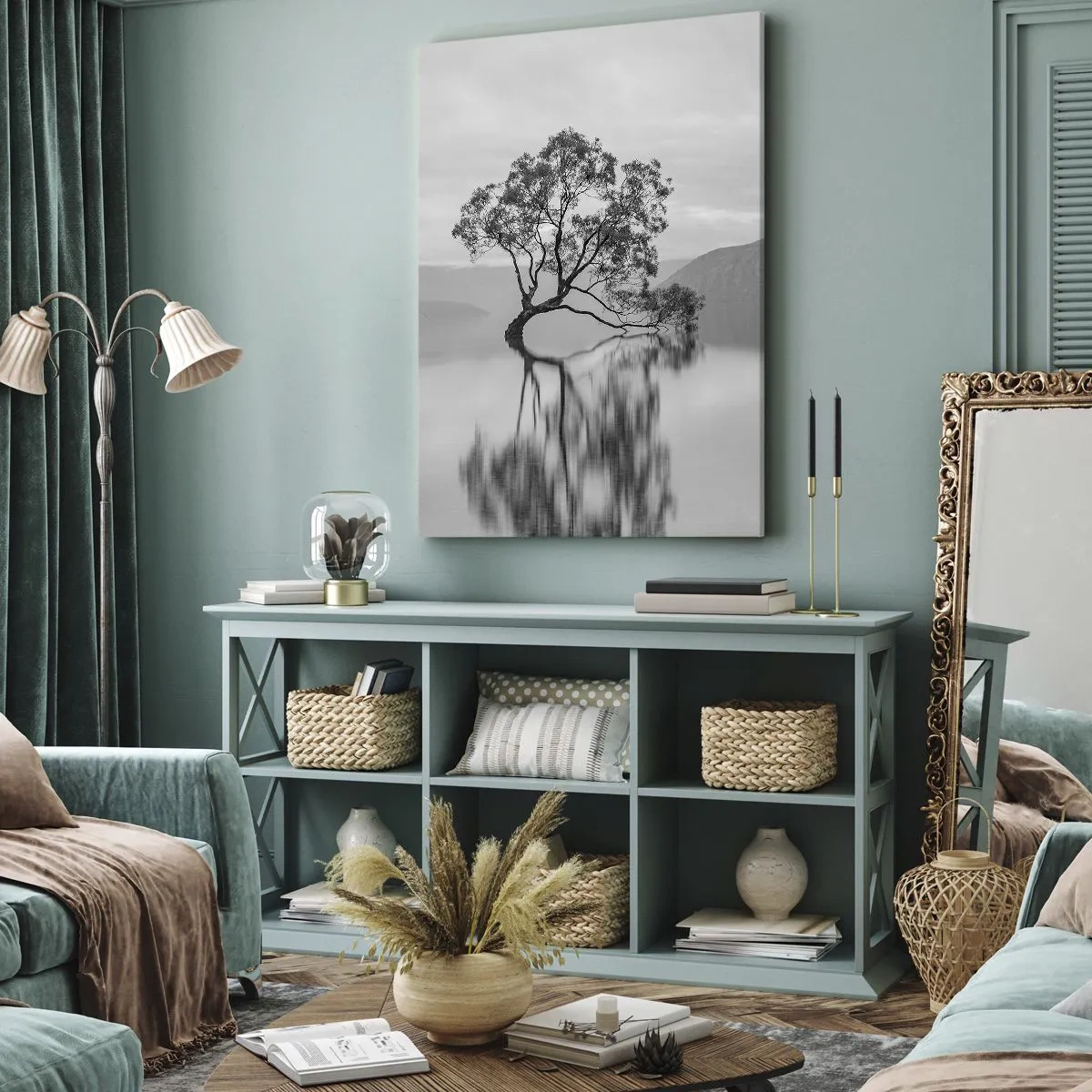 Cuadro sobre lienzo - Impresión de Imagen - Un árbol solitario reflejado en el agua con montañas al fondo. - 80x120cm - Existe tal lugar en el mundo - Decoración de pared moderna para salón y dormitorio ARTTOR