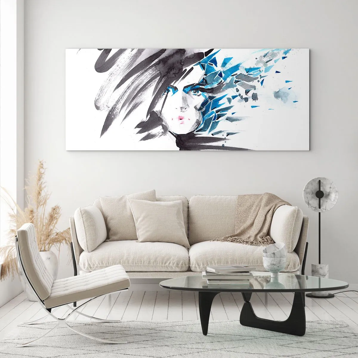 Cuadro sobre vidrio - Impresiones sobre Vidrio - Pintura facial artística de acuarela con acentos azules. - 140x50cm - Un sensual retrato en gris y azul - Decoración de pared moderna para salón y dormitorio ARTTOR