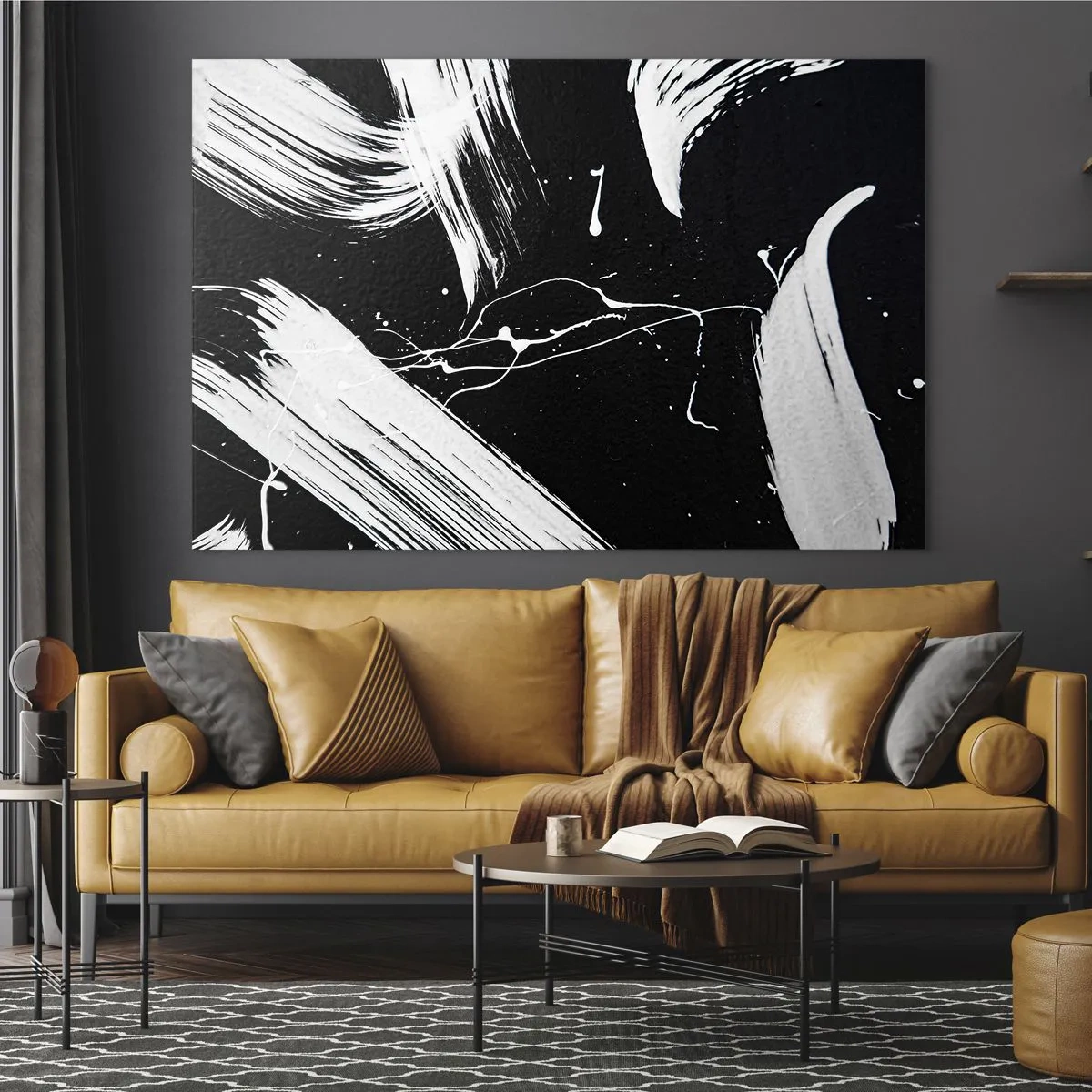 Cuadro sobre vidrio - Impresiones sobre Vidrio - Pinceladas blancas sobre fondo negro - 120x80cm - Rompiendo la oscuridad - Decoración de pared moderna para salón y dormitorio ARTTOR
