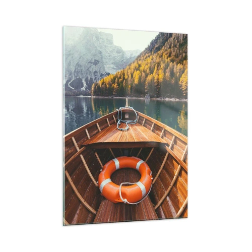 Cuadro sobre vidrio - Impresiones sobre Vidrio - Vista desde un barco de madera de un lago de montaña y un bosque otoñal. - 50x70cm - Viaje a la montaña - Decoración de pared moderna para salón y dormitorio ARTTOR