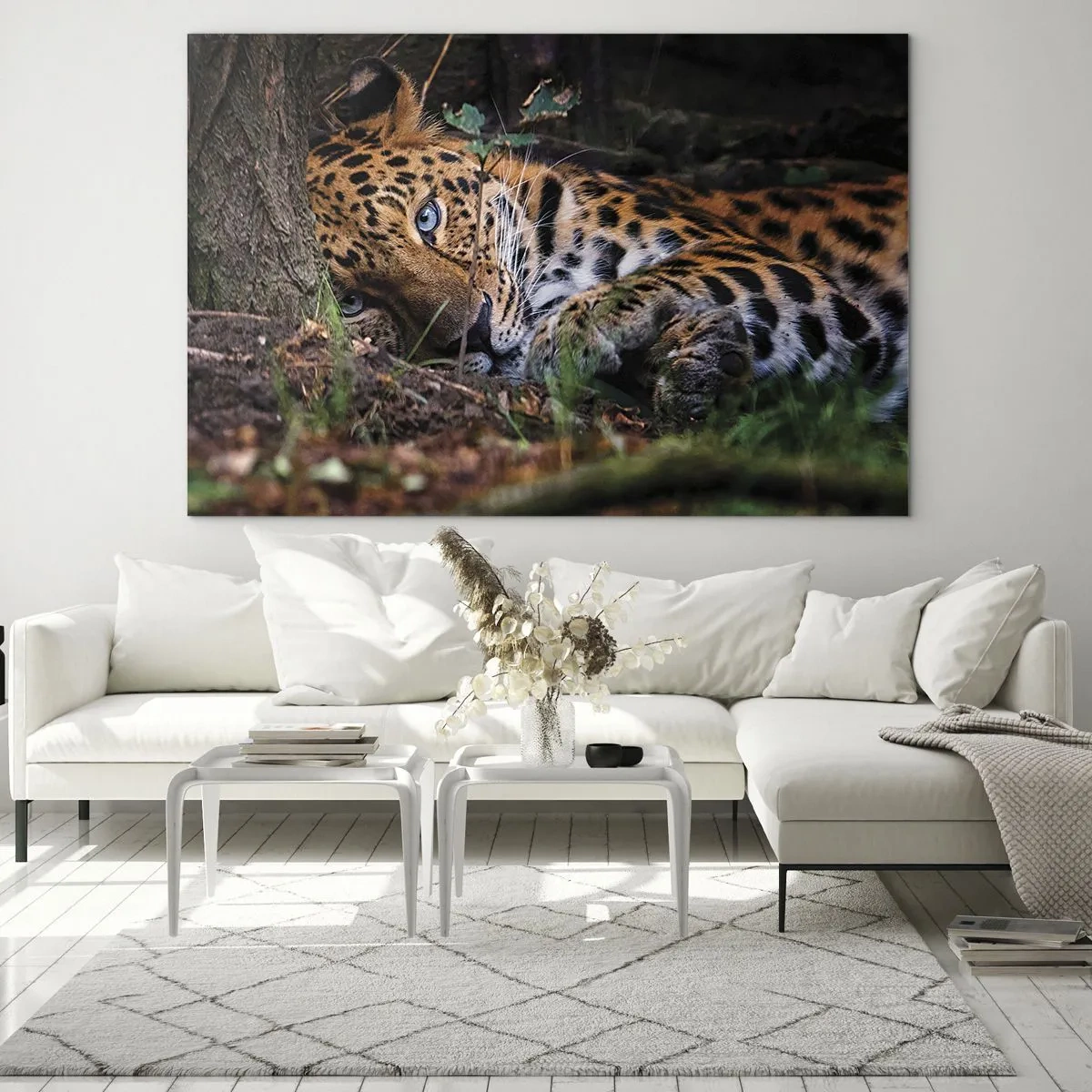 Cuadro sobre vidrio - Impresiones sobre Vidrio - Un jaguar tendido en el suelo, mirando tranquilamente a la cámara. - 100x70cm - Confía en mí - Decoración de pared moderna para salón y dormitorio ARTTOR