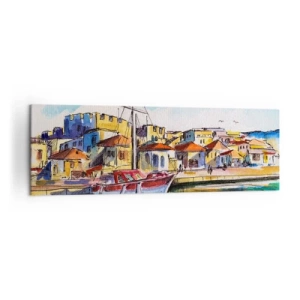 Cuadro sobre lienzo - Impresión de Imagen - Un puerto pintoresco con un barco y edificios coloridos. - 160x50cm - Tarde de arco iris - Decoración de pared moderna para salón y dormitorio ARTTOR