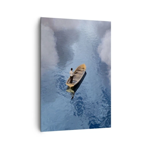 Cuadro sobre lienzo - Impresión de Imagen - Un hombre en un barco en un mar tranquilo rodeado de nubes. - 70x100cm - La vida - el viaje - lo desconocido - Decoración de pared moderna para salón y dormitorio ARTTOR