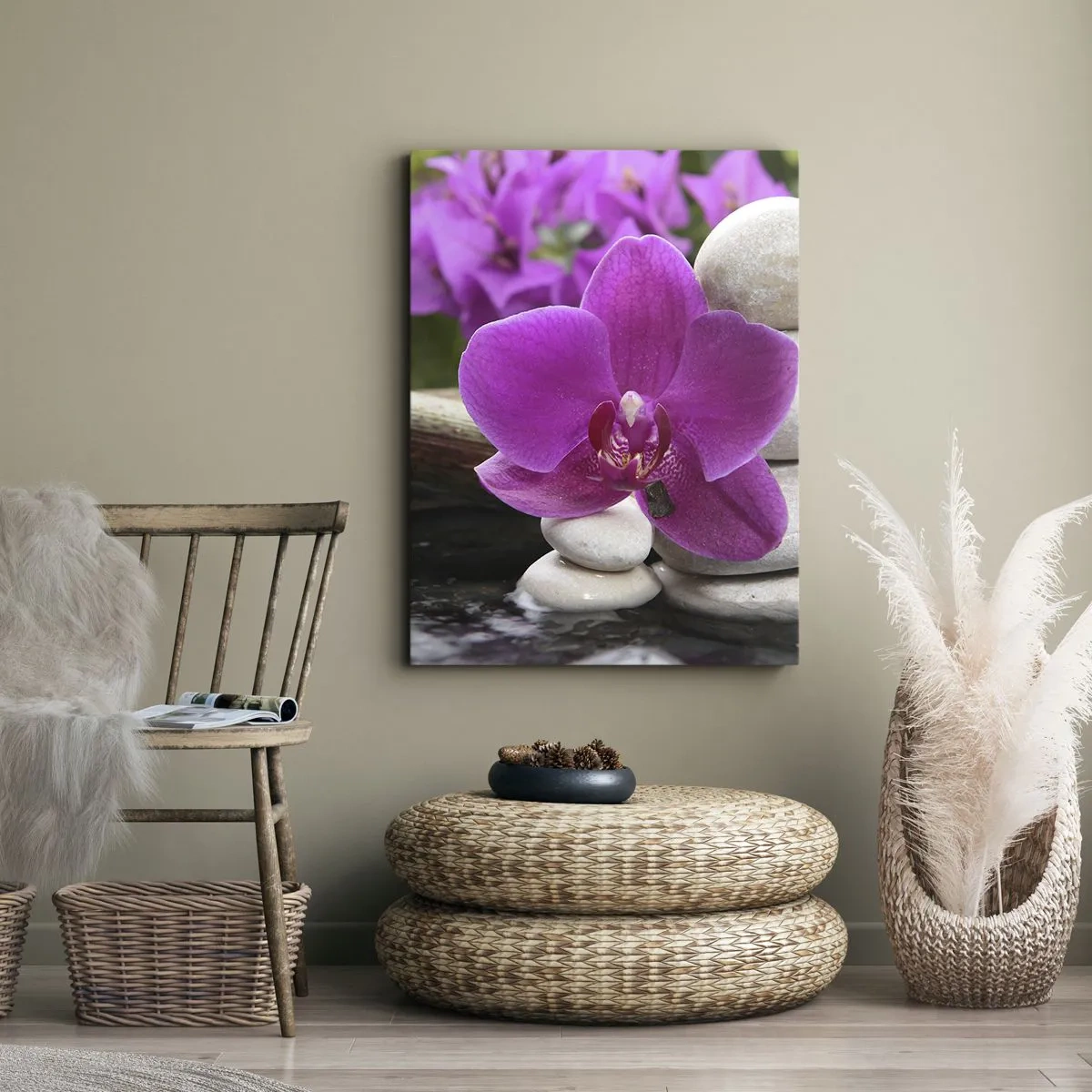 Cuadro sobre lienzo - Impresión de Imagen - Orquídea morada, piedras y bambú con agua en un entorno relajante. - 70x100cm - Ya estás descansando - Decoración de pared moderna para salón y dormitorio ARTTOR
