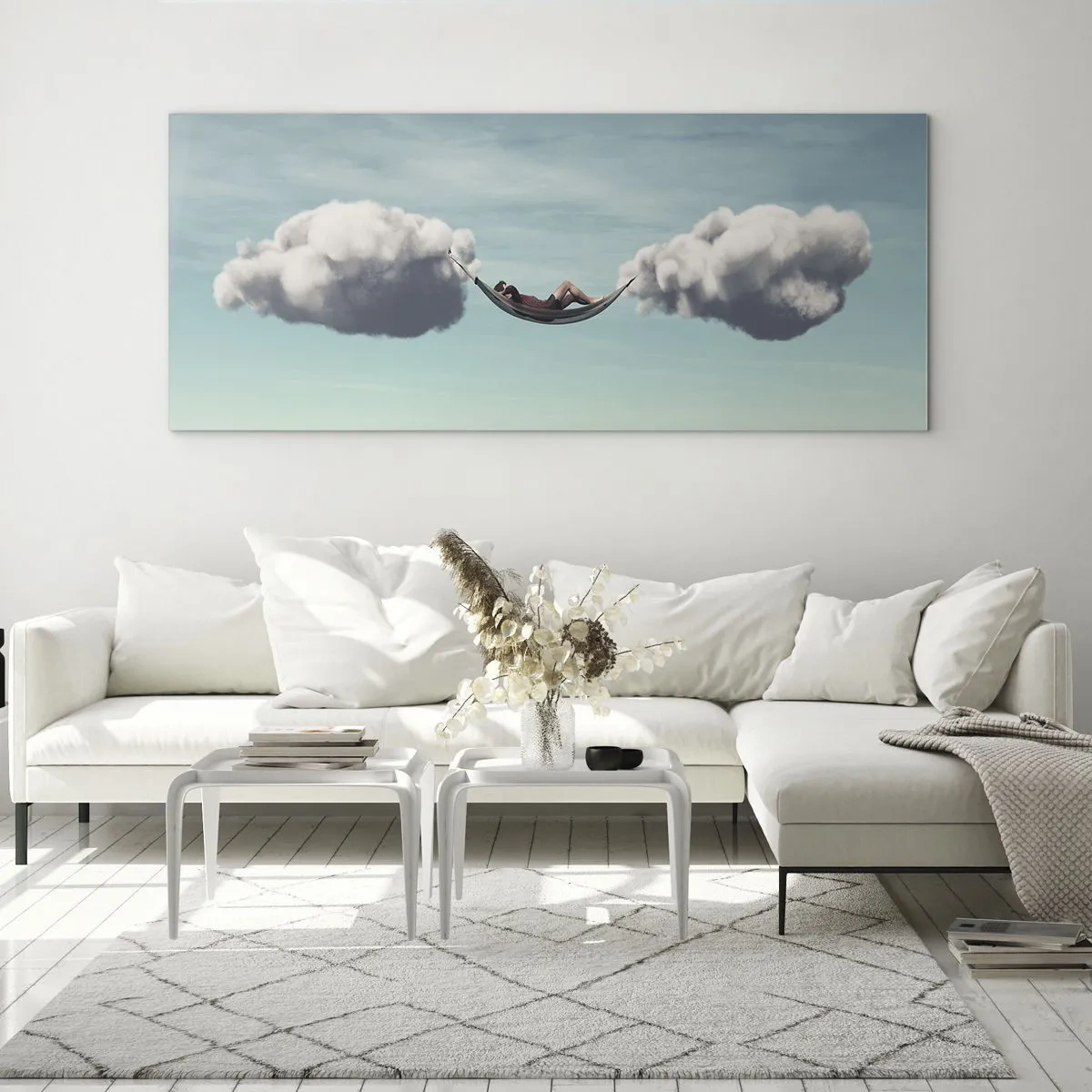 Cuadro sobre vidrio - Impresiones sobre Vidrio - Una persona relajándose en una hamaca suspendida en las nubes. - 120x50cm - La felicidad del momento - Decoración de pared moderna para salón y dormitorio ARTTOR