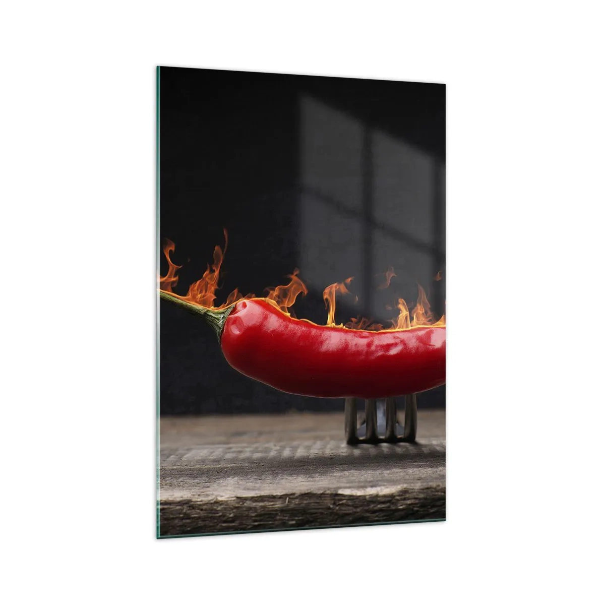 Cuadro sobre vidrio - Impresiones sobre Vidrio - Pimiento rojo flameado en un tenedor - 70x100cm - Un aperitivo ardiente - Decoración de pared moderna para salón y dormitorio ARTTOR