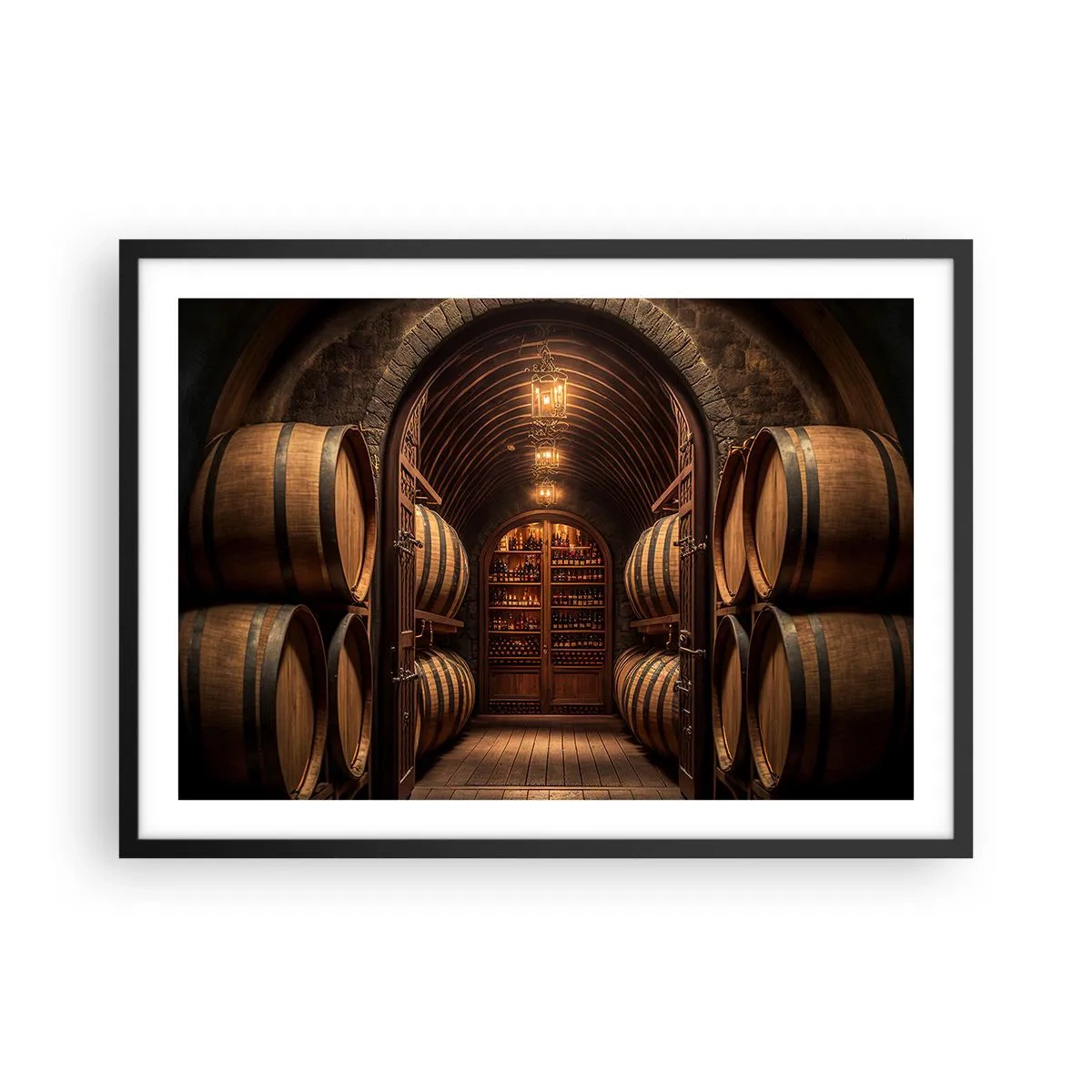 Póster en marco negro - Bodega con barriles de madera y estantes para vinos. - 70x50cm - Sótano atmosférico - Decoración de pared moderna para salón y dormitorio ARTTOR