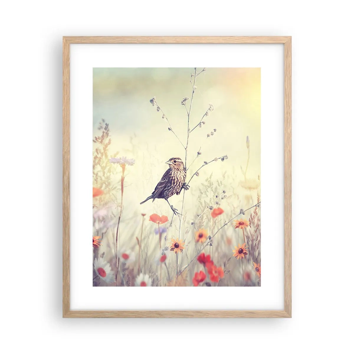Póster en marco roble claro - Retrato de pájaro con prado de fondo - 40x50 cm