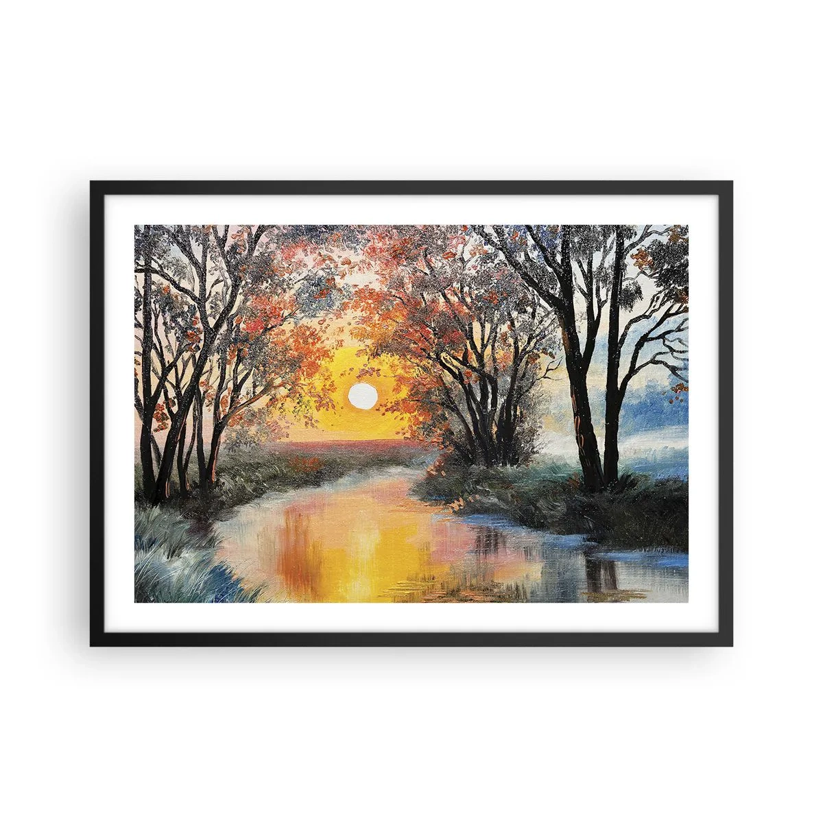 Póster en marco negro - Puesta de sol sobre el río en un paisaje otoñal - 70x50cm - Ambiente otoñal - Decoración de pared moderna para salón y dormitorio ARTTOR