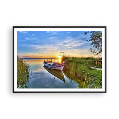 Póster en marco negro - Un barco en una bahía tranquila al atardecer. - 100x70cm - Sueños cumplidos - Decoración de pared moderna para salón y dormitorio ARTTOR