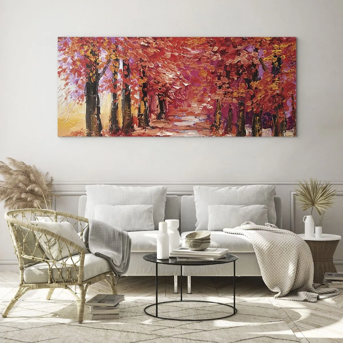 Cuadro sobre vidrio - Impresiones sobre Vidrio - Un pintoresco callejón con colores otoñales al estilo impresionista. - 140x50cm - Una impresión otoñal - Decoración de pared moderna para salón y dormitorio ARTTOR