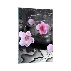 Cuadro sobre vidrio - Impresiones sobre Vidrio - Piedras negras y flores rosas estilo spa - 80x120cm - Y una piedra cae del corazón - Decoración de pared moderna para salón y dormitorio ARTTOR