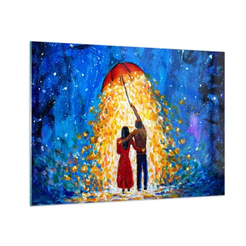 Cuadro sobre vidrio - Impresiones sobre Vidrio - Una pareja bajo una sombrilla rodeada de luz dorada contra el cielo nocturno. - 70x50cm - La magia de una tarde lluviosa - Decoración de pared moderna para salón y dormitorio ARTTOR